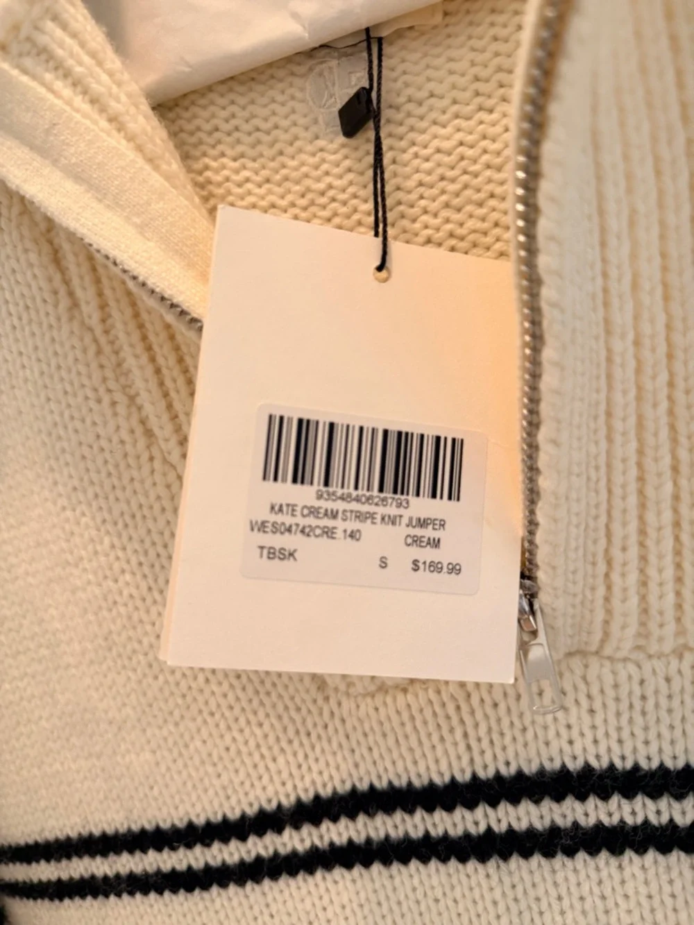 DISSH NWT Women's Cream Knit Quarter-Zip Sweater with Navy Stripes - Picture 2 of 5
